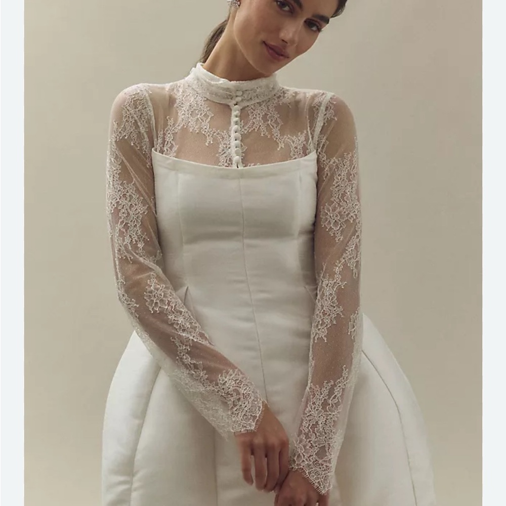 BHLDN Bridal White Long Sleeve Mini Dress with Bishop Sleeves NWT